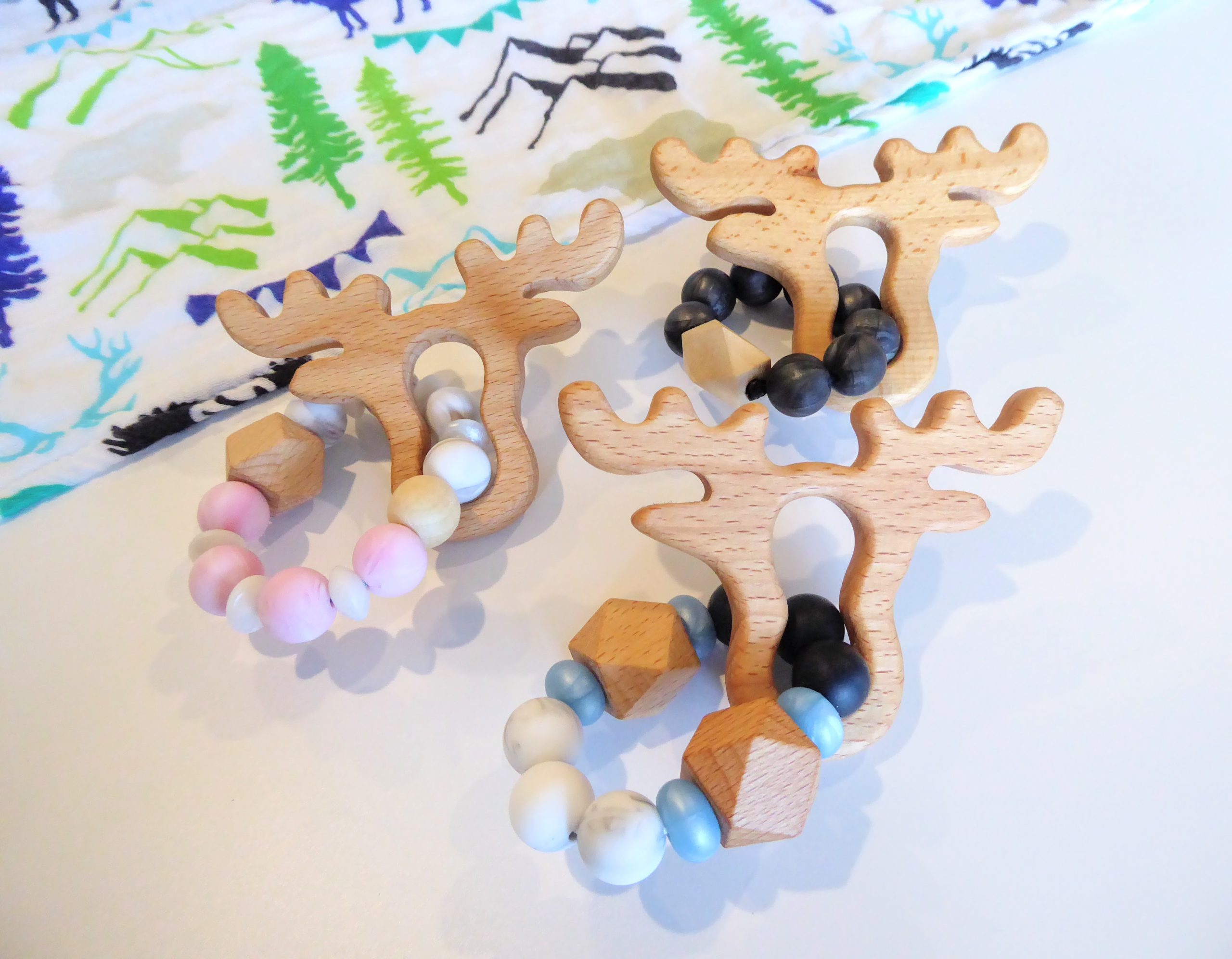 Moose Wooden Grasping Toy Add Teething Beads